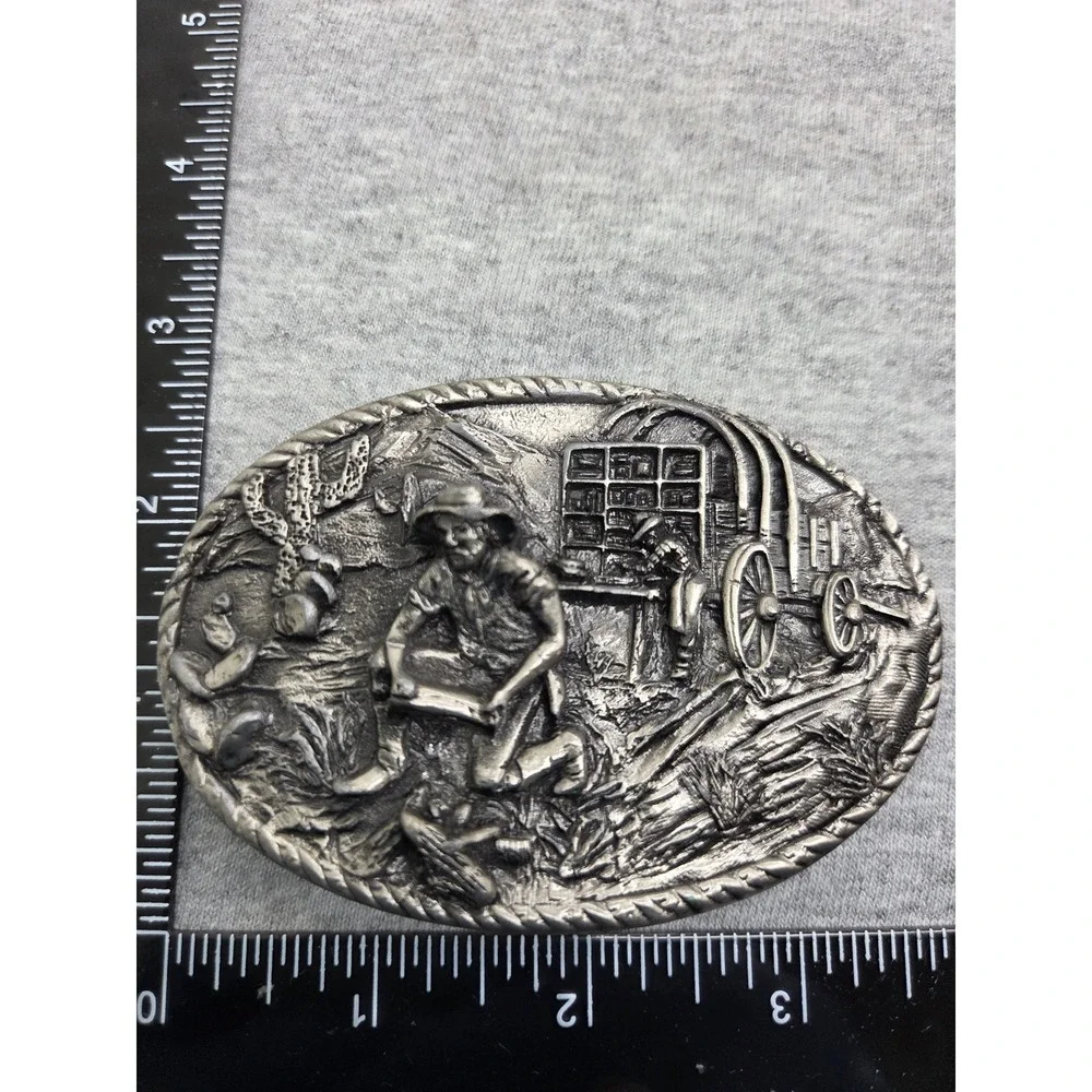 Rare 1986 Vintage Western Frontier Gold Mining Pewter Heavy Belt Buckle Mens